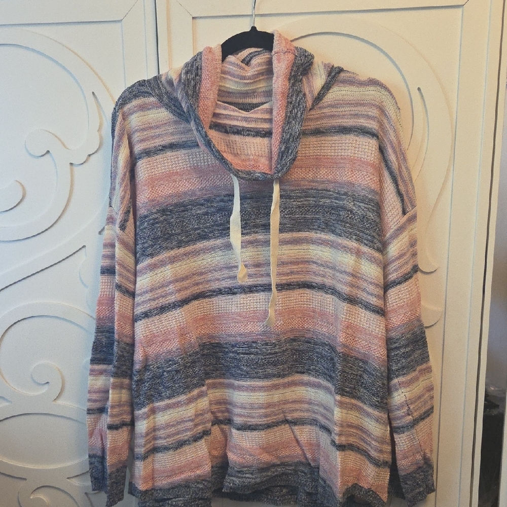 Striped Cotton Linen Blend Knit Sweater - Pink & Gray - Picture 3 of 12